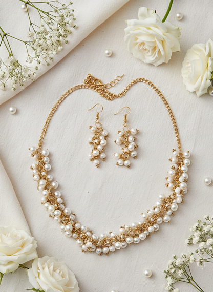 White Beaded Layered Gold Chain Necklace Set