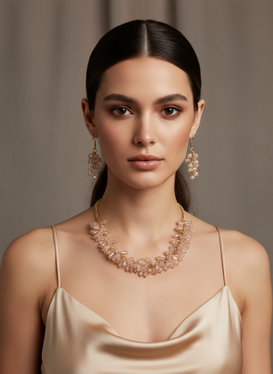 Baby Pink Beaded Gold Chain Necklace Set