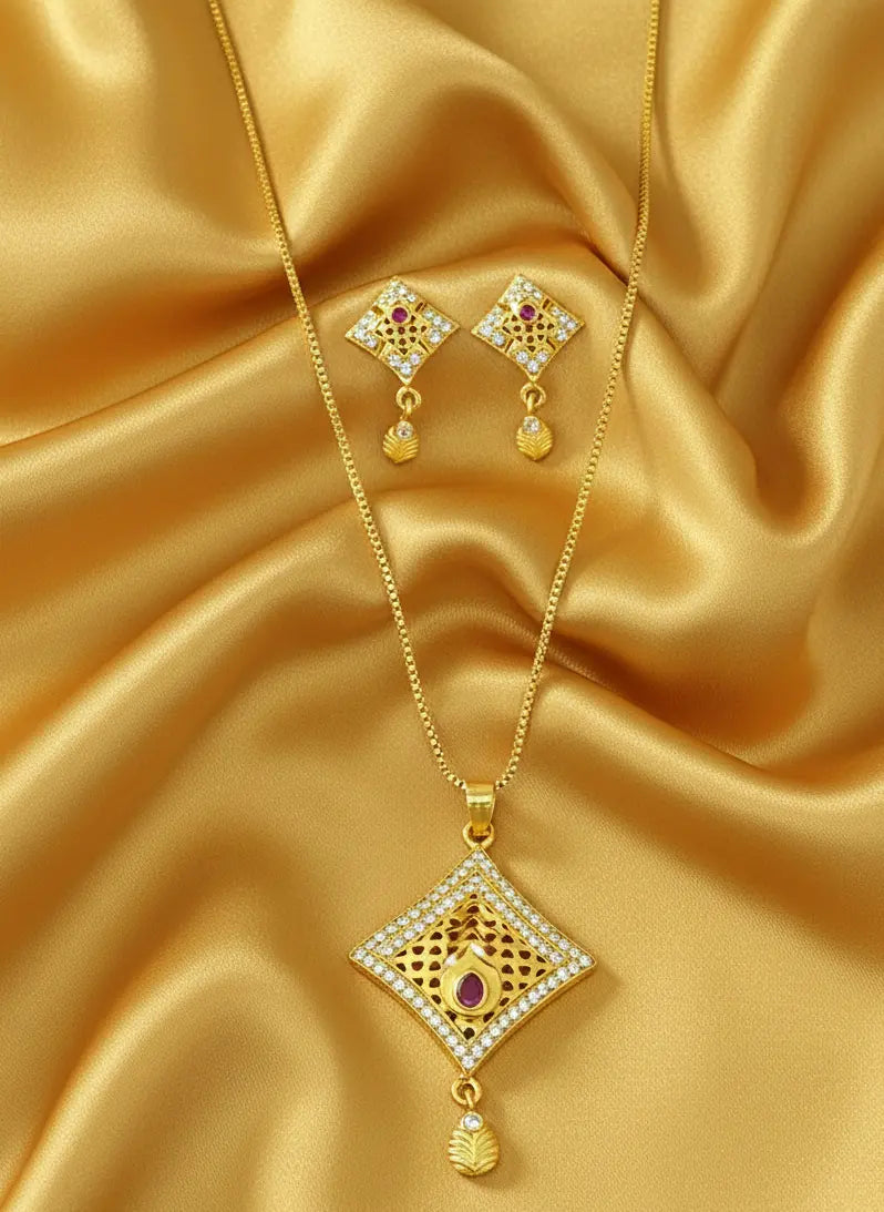 Gold Plated Pendant Set Ruby Drop Square Coruscate Jewels