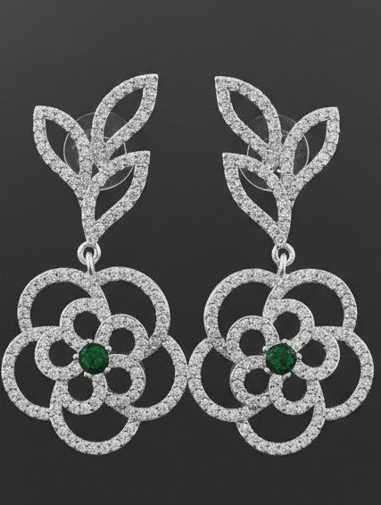American Diamond Gold Plated Flower Leaf Danglers