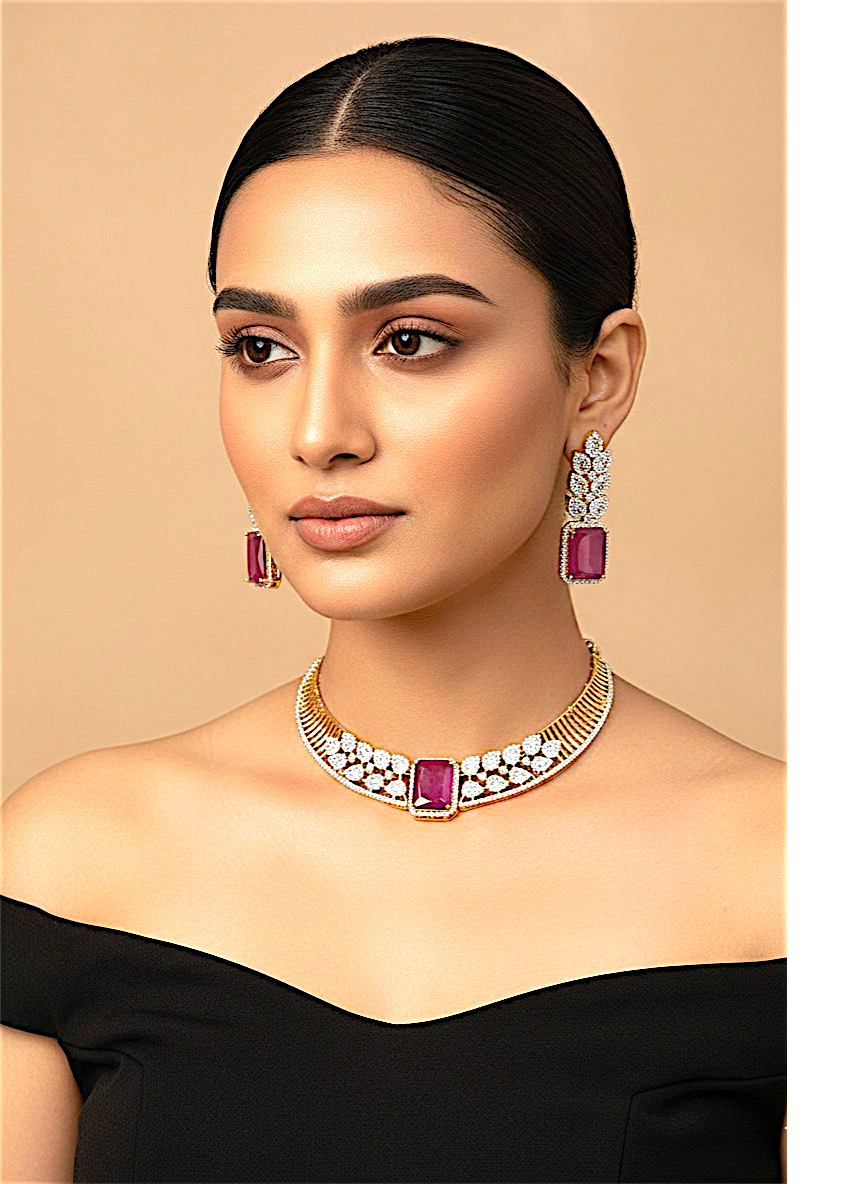 American Diamond Gold-Plated Ruby Leaf Style Necklace Set