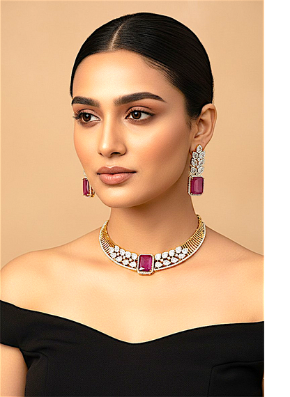 American Diamond Gold-Plated Ruby Leaf Style Necklace Set