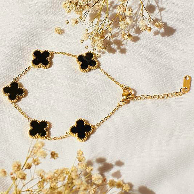 Gold Plated Anti Tarnish Black Clover Bracelet For Girls And Women