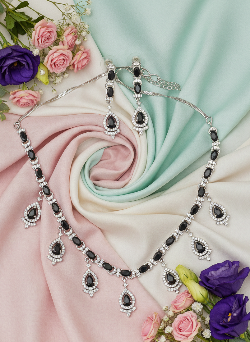 American Diamond Silver Plated Black Swan Teardrop Necklace Set