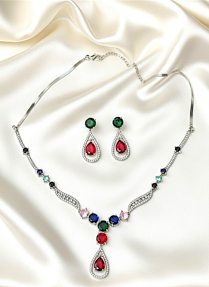 Silver-Plated American Diamond Royale Teardrop Multicolor Necklace Set