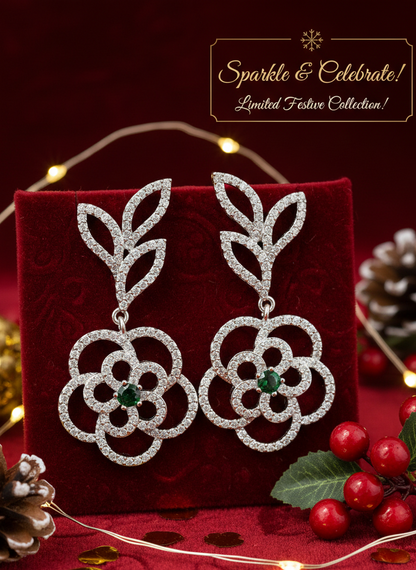 American Diamond Gold Plated Flower Leaf Danglers