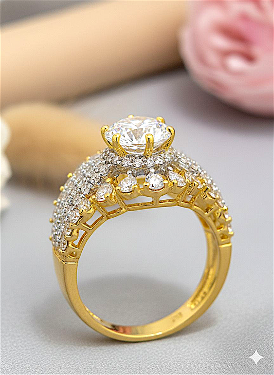 Coruscate Jewels "The Grand Duchess" Gold-Plated Crystal Halo Statement Ring