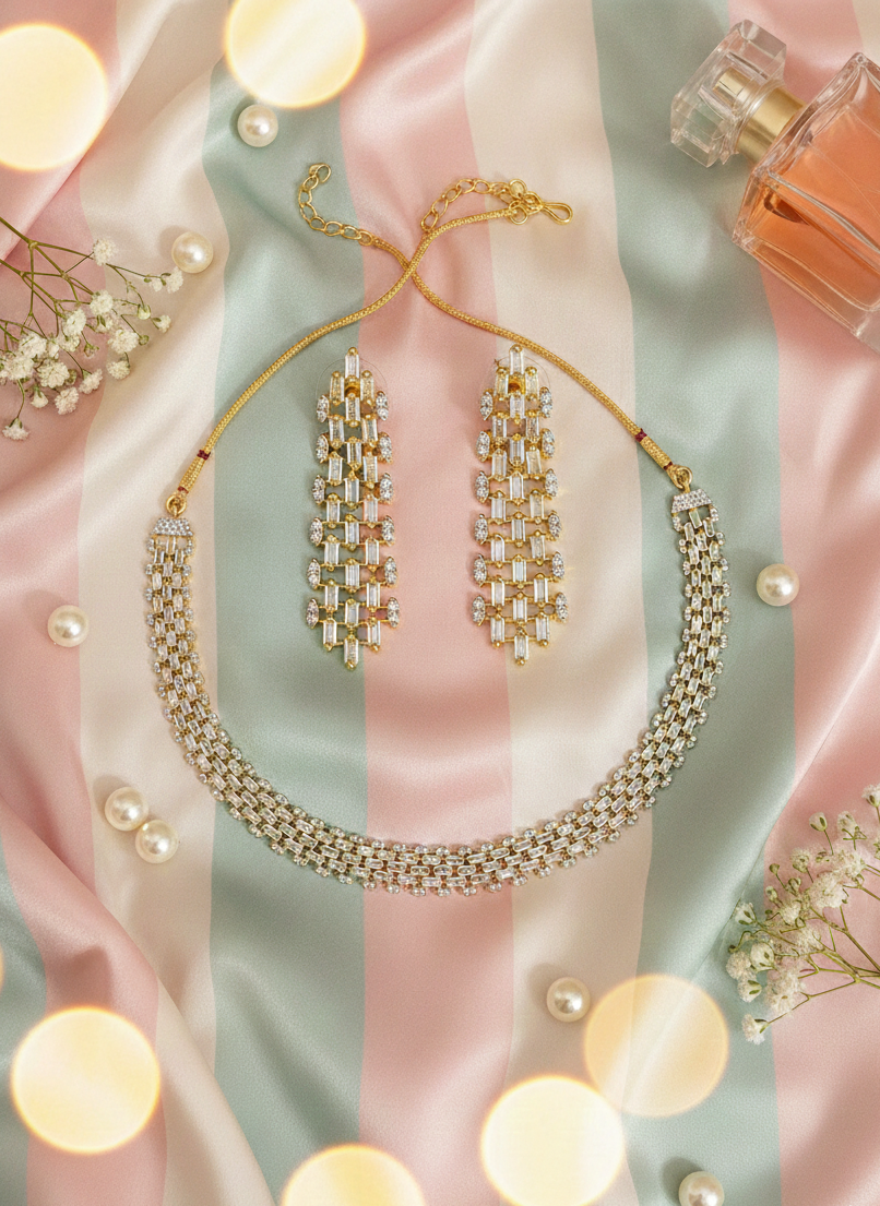 American Diamond Gold-Plated  Baguette Diamond Grace Necklace Set