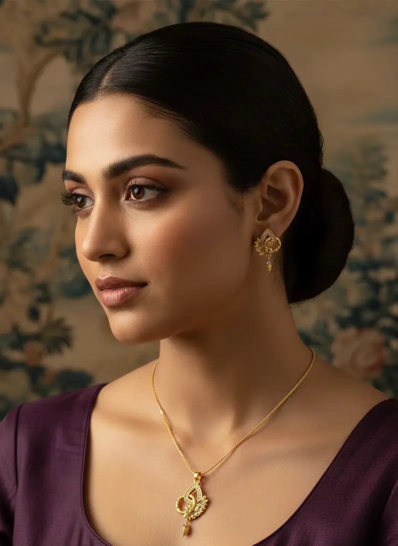 Leafy Golden Teardrop Gold-Plated Pendant Set Coruscate Jewels