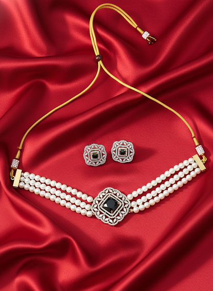 American Diamond Gold Plated Black Pearl Royale Necklace Set