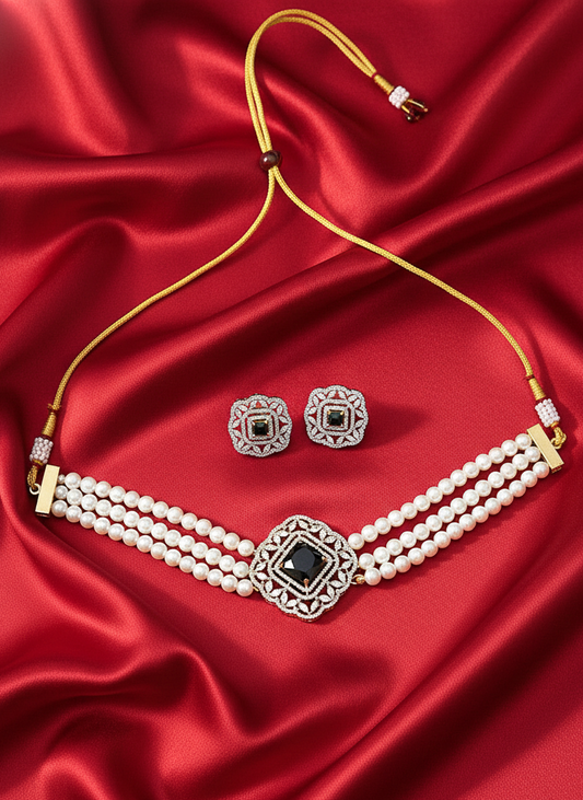 American Diamond Gold Plated Black Pearl Royale Necklace Set