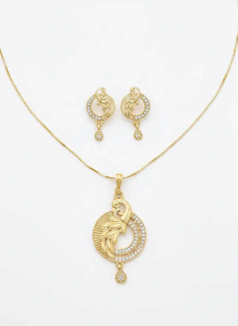 Gold Tone Pendant Set Golden Peacock Feather Coruscate Jewels