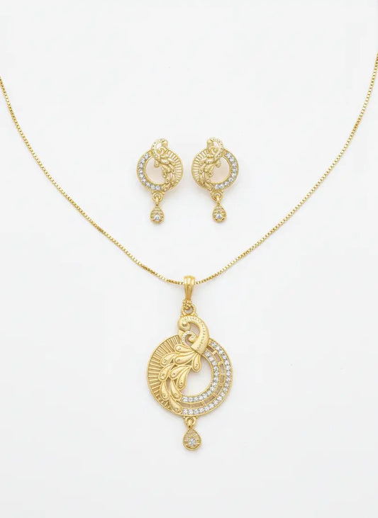 Gold Tone Pendant Set Golden Peacock Feather Coruscate Jewels