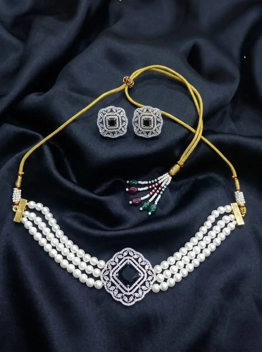 American Diamond Gold Plated Black Pearl Royale Necklace Set Coruscate Jewels
