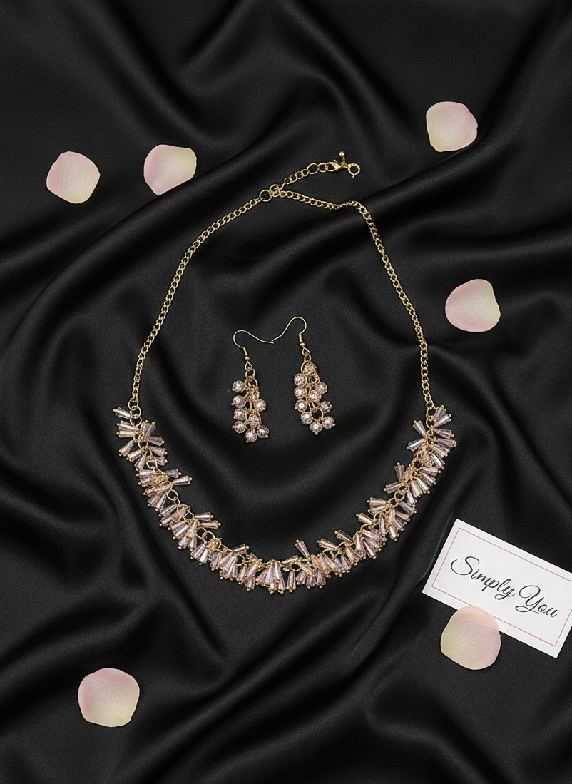 Baby Pink Beaded Gold Chain Necklace Set