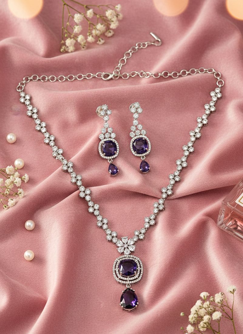 American Diamond Silver-Plated Cocentric Purple Silver Necklace Set