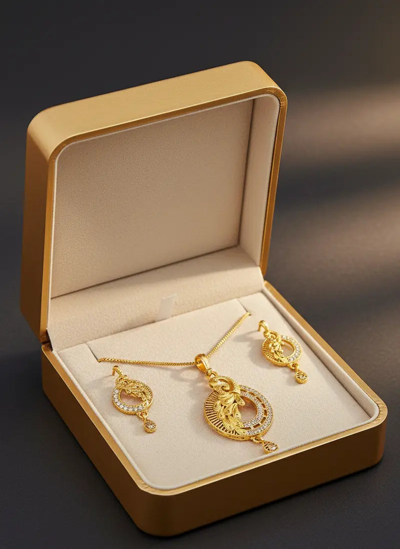 Gold Tone Pendant Set Golden Peacock Feather Coruscate Jewels