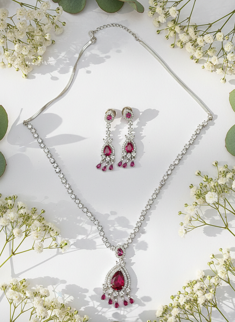 Silver Plated Necklace Set American Diamond Empress Ruby Elegance