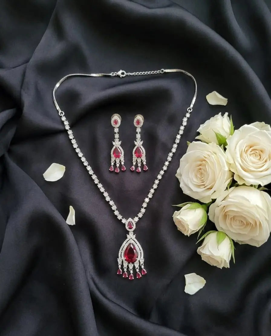 Silver Plated Necklace Set American Diamond Empress Ruby Elegance Coruscate Jewels