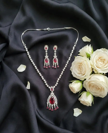 Silver Plated Necklace Set American Diamond Empress Ruby Elegance Coruscate Jewels