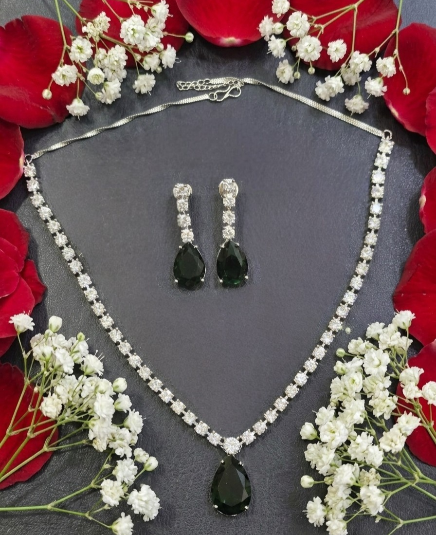 American Diamond Silver-Plated Emerald Royale Drops Necklace Set Coruscate Jewels