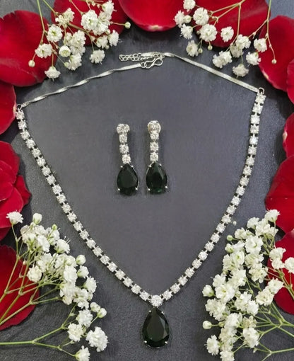 American Diamond Silver-Plated Emerald Royale Drops Necklace Set Coruscate Jewels