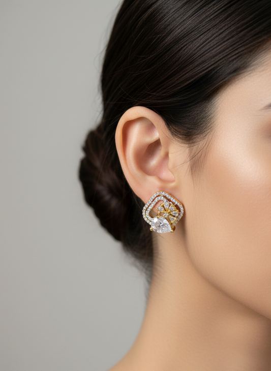 AD Earrings Gold Plated Teardrop Studded Square Design