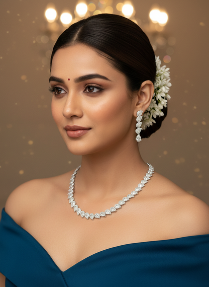 American Diamond Silver-Plated Wave Crystal Cascade Necklace Set