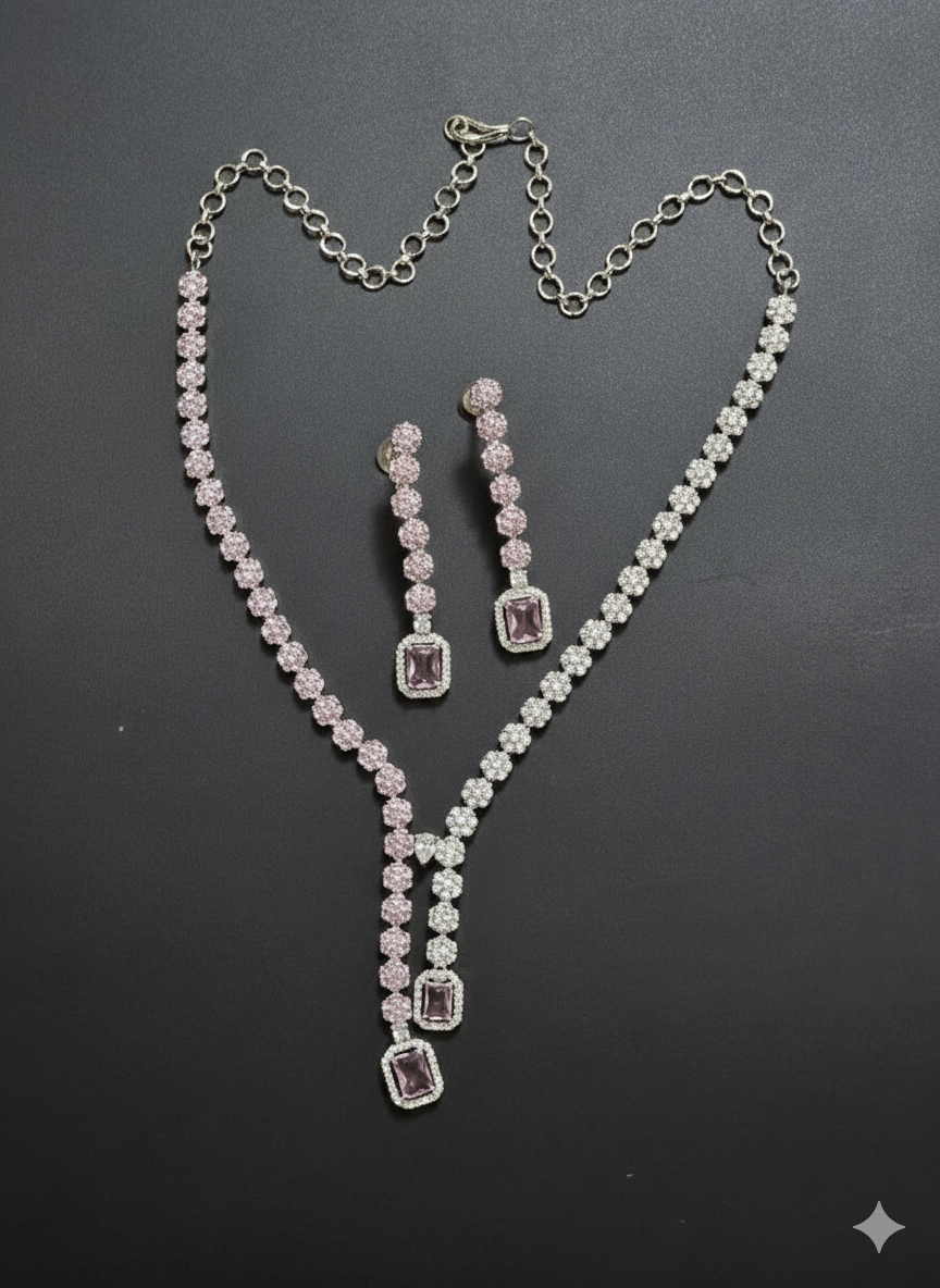 American Diamond Silver-Plated Pink Silver Twin Glow Necklace Sets