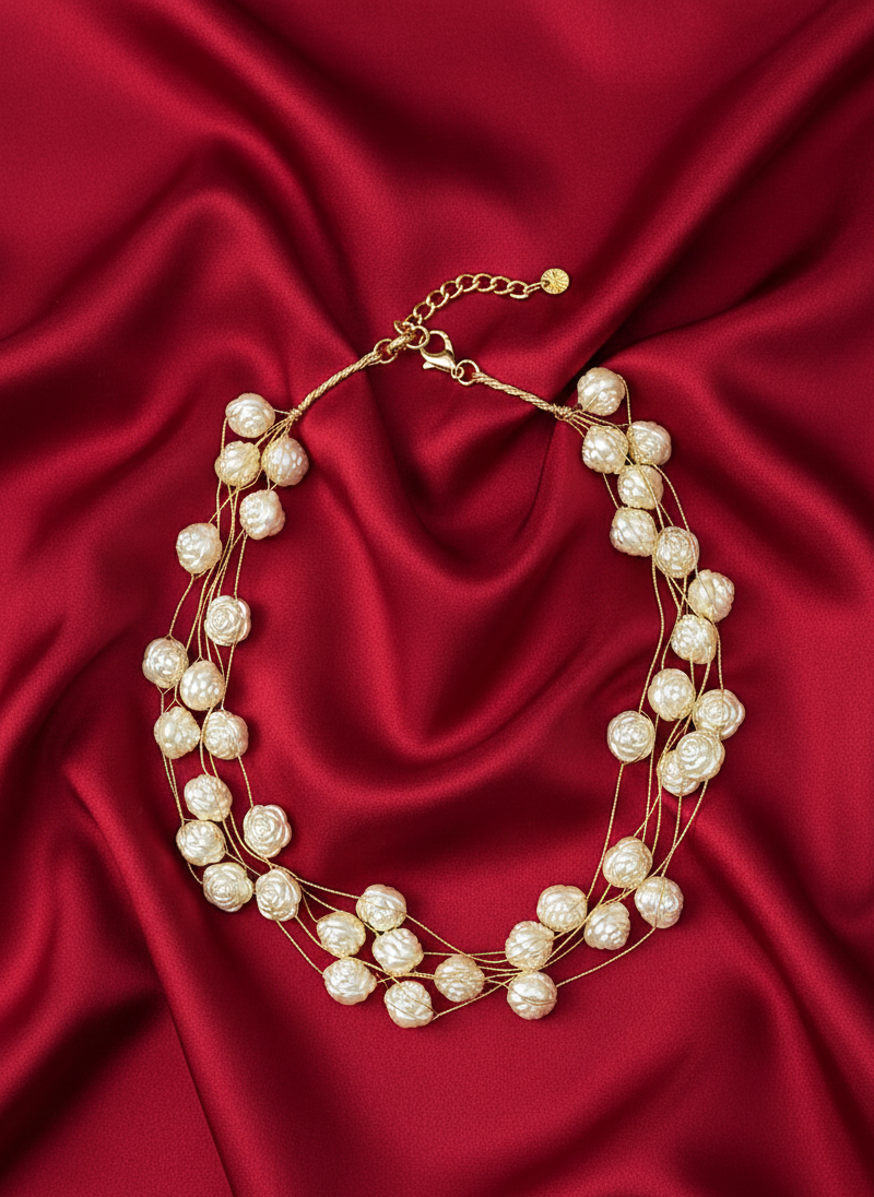 Gold Plated Beaded Thread Rose Pearl Necklace