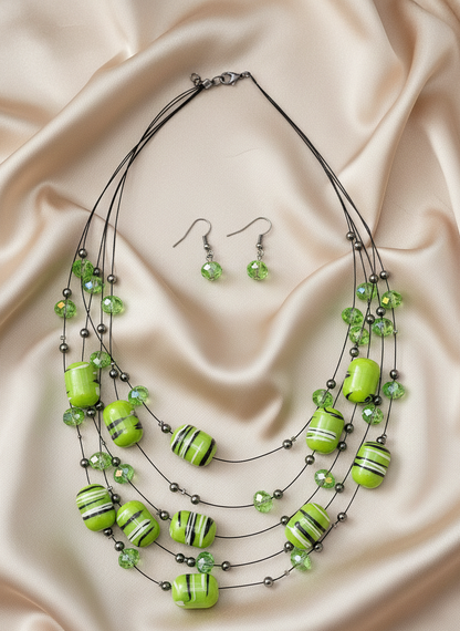 Green Striped Layered Beaded Necklace Set