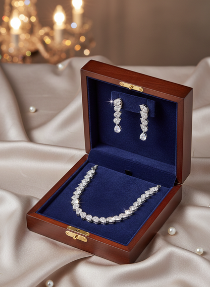 American Diamond Silver-Plated Wave Crystal Cascade Necklace Set
