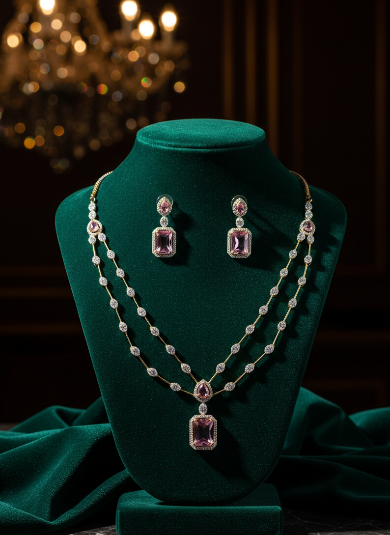 Gold Plated American Diamond Baby Pink Necklace Set Prism Aura