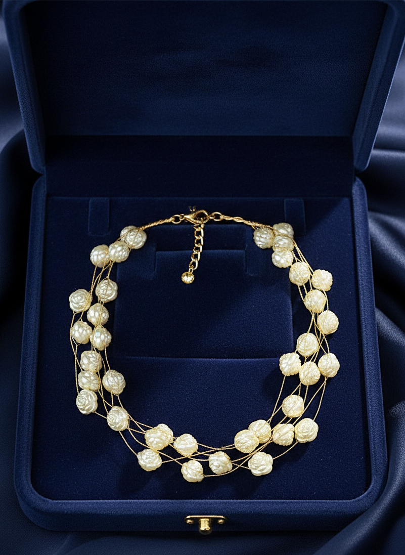 Gold Plated Beaded Thread Rose Pearl Necklace