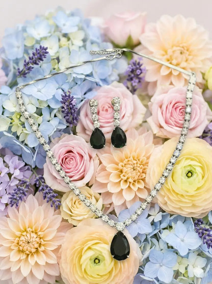 American Diamond Silver-Plated Emerald Royale Drops Necklace Set Coruscate Jewels