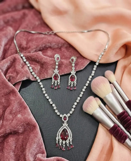 Silver Plated Necklace Set American Diamond Empress Ruby Elegance Coruscate Jewels
