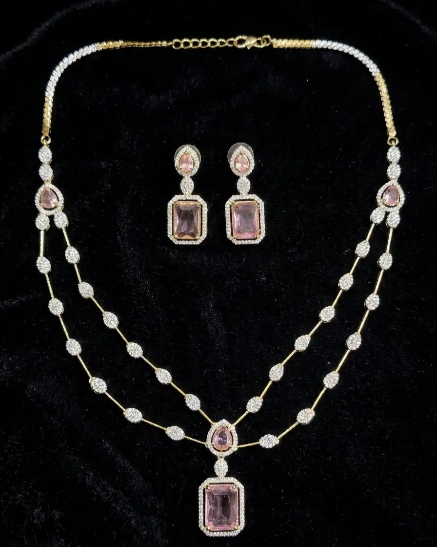Gold Plated American Diamond Baby Pink Necklace Set Prism Aura Coruscate Jewels