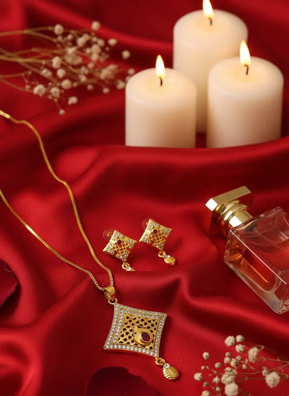 Gold Plated Pendant Set Ruby Drop Square Coruscate Jewels