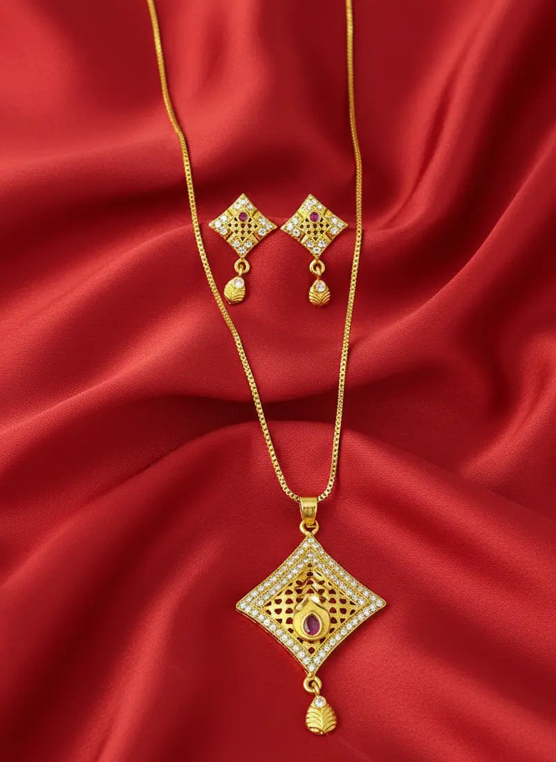 Gold Plated Pendant Set Ruby Drop Square Coruscate Jewels