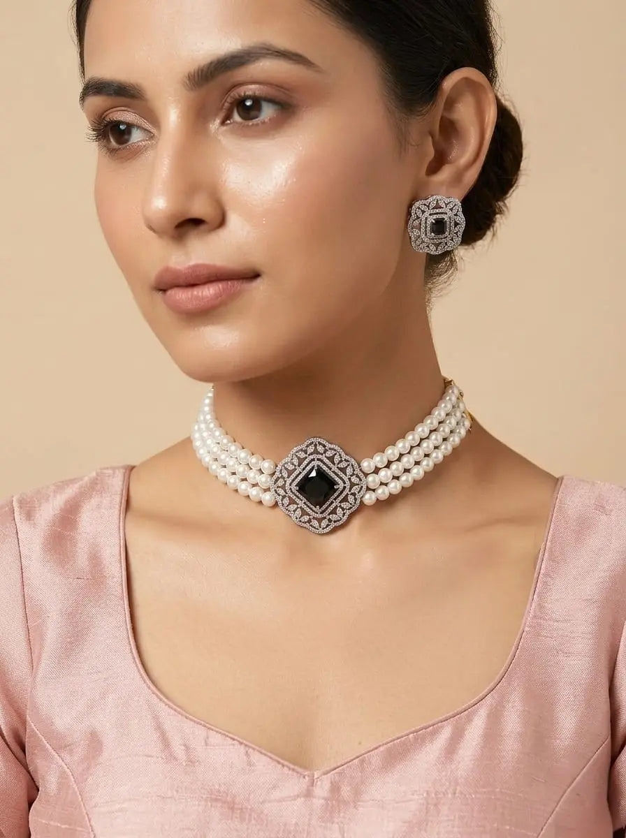 American Diamond Gold Plated Black Pearl Royale Necklace Set Coruscate Jewels