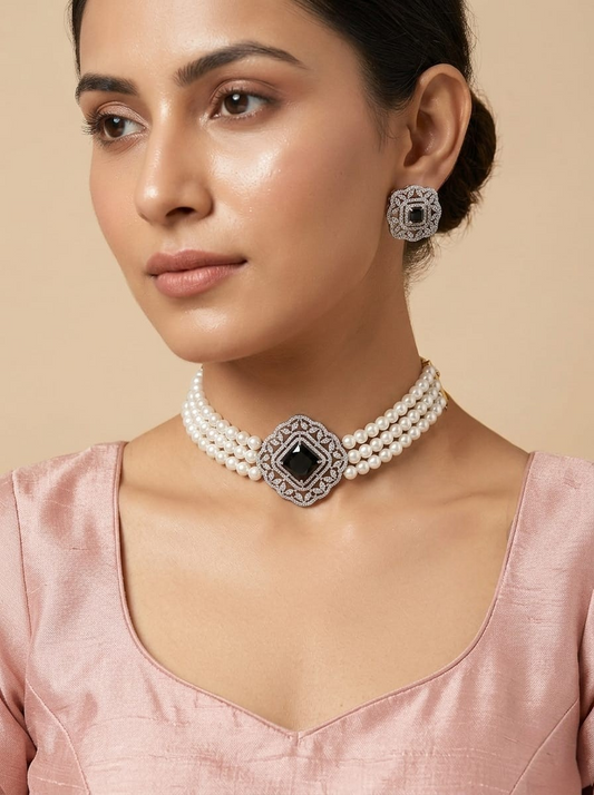 American Diamond Gold Plated Black Pearl Royale Necklace Set