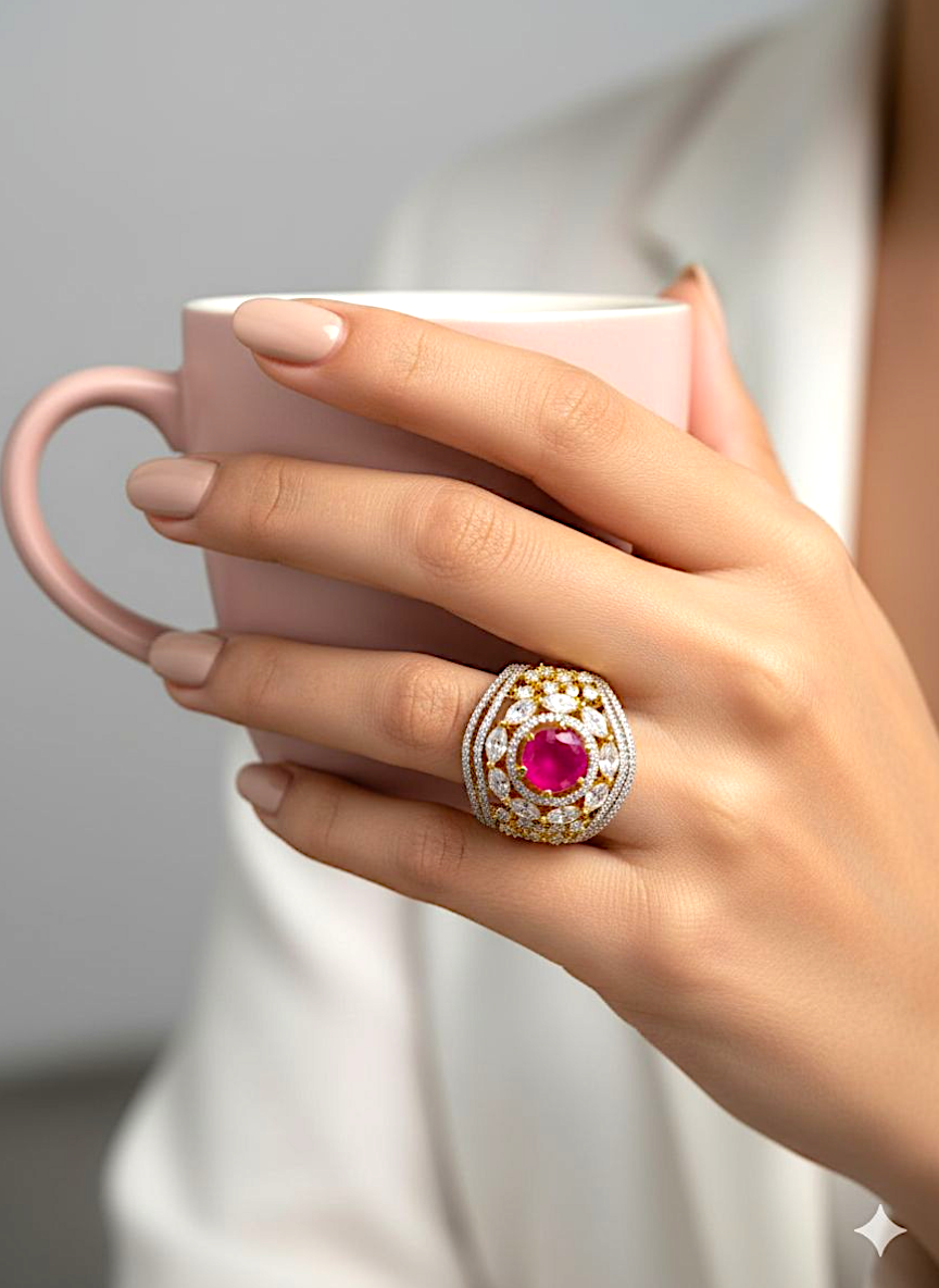 Coruscate Jewels - Adjustable Ruby Stone Statement Ring with CZ Diamonds