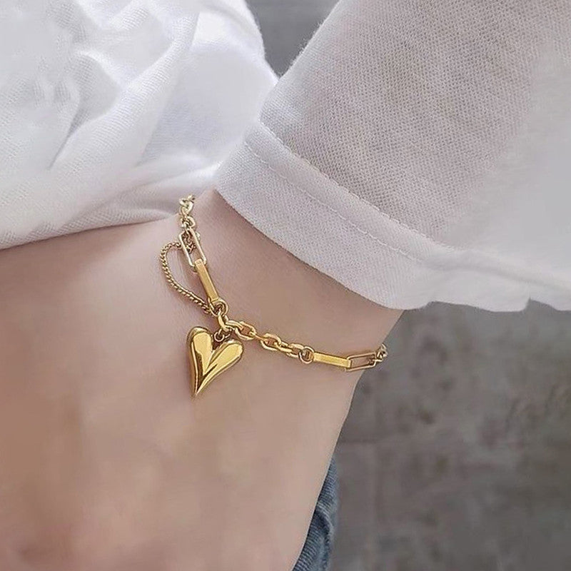 Stainless Steel Gold Plated Anti Tarnish Charm Heart Bracelet