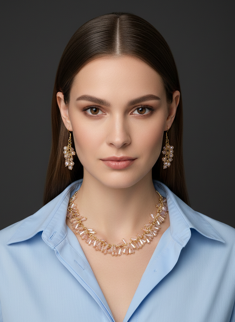 Baby Pink Beaded Gold Chain Necklace Set