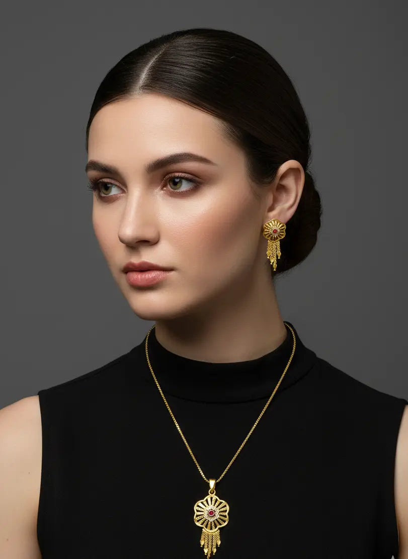 Gold-Plated Pendant Set Ruby Sunflower Cascade Coruscate Jewels