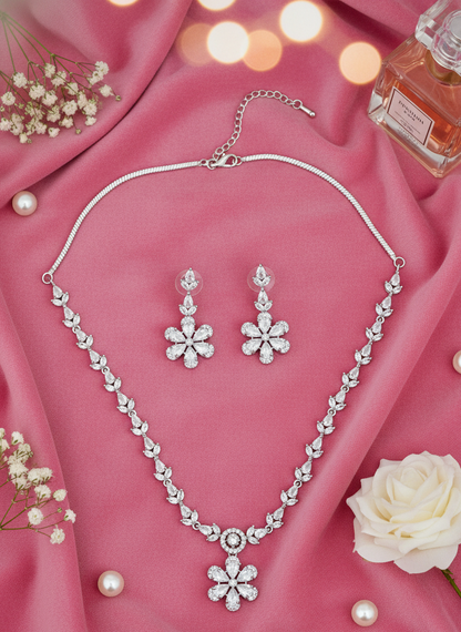 American Diamond Silver-Plated Flower Bloom Necklace Set