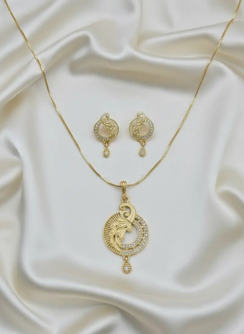 Gold Tone Pendant Set Golden Peacock Feather Coruscate Jewels