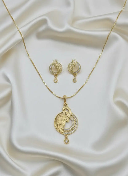 Gold Tone Pendant Set Golden Peacock Feather Coruscate Jewels
