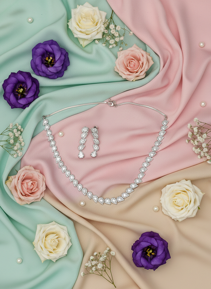 American Diamond Silver-Plated Wave Crystal Cascade Necklace Set