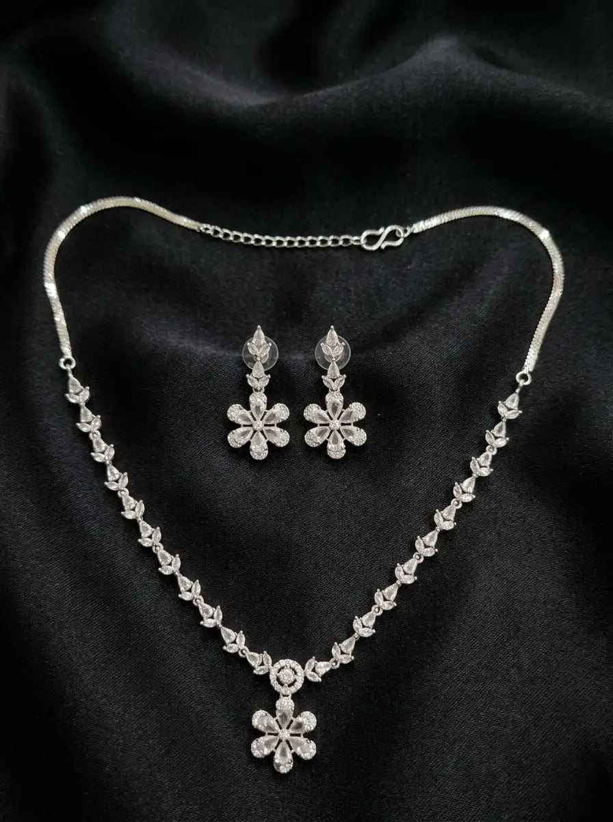 American Diamond Silver-Plated Flower Bloom Necklace Set Coruscate Jewels